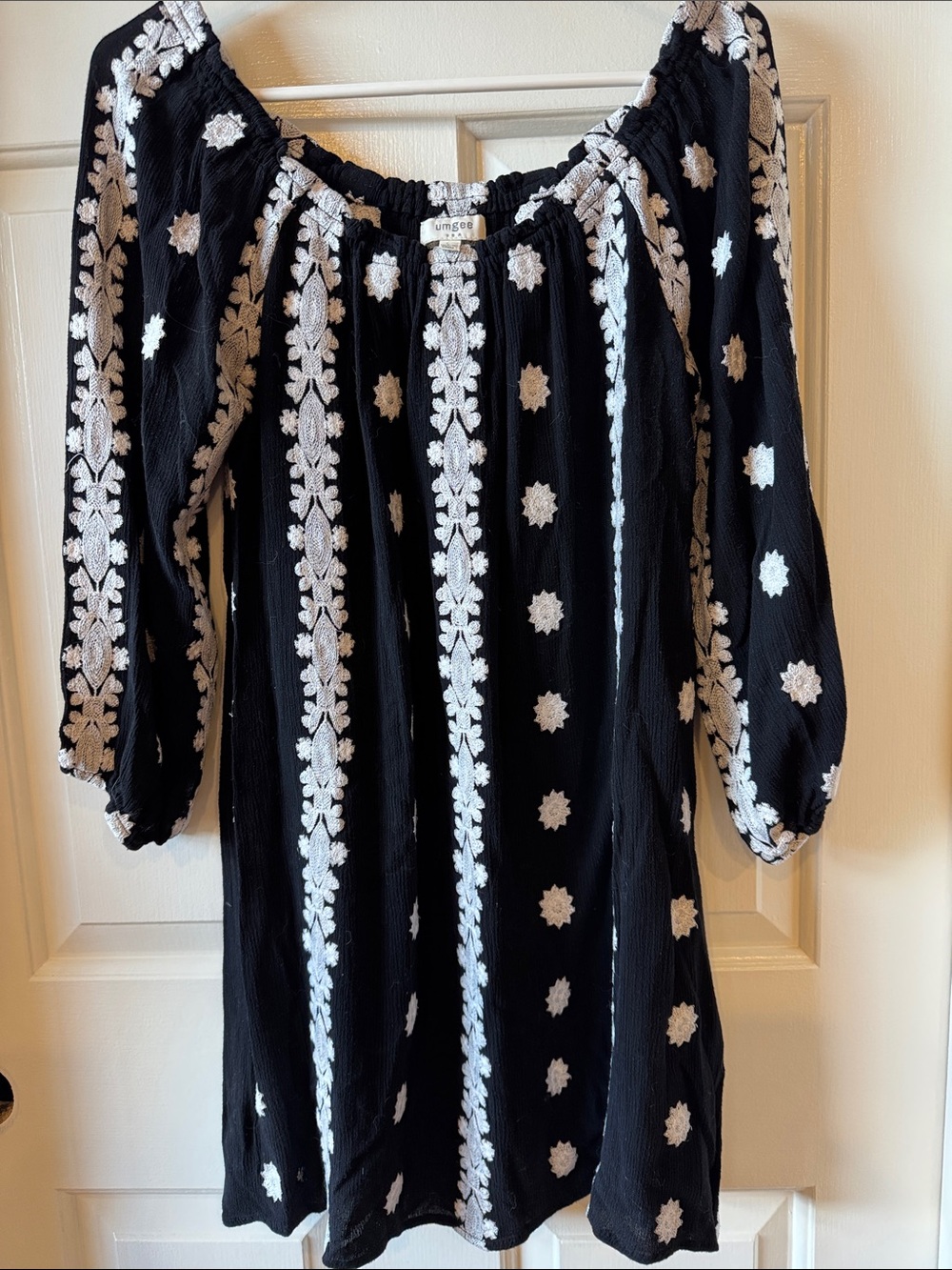 Umgee Black Dress with White Embroidered Floral Accents